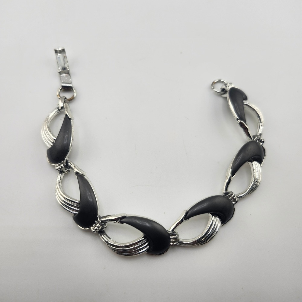 Vintage Silver Tone Black Thermoset Link‎ Bracelet Costume Jewelry